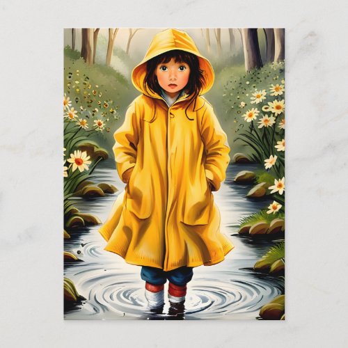 Girl in Yellow Raincoat Illustration Postcard