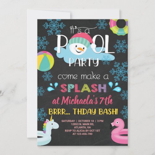 Girl indoor winter pool party birthday invitation.