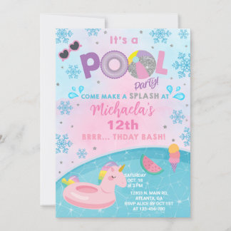 Girl indoor winter pool party birthday invitation. invitation