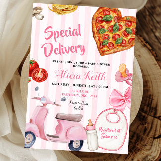 Girl italian baby shower pizza special delivery invitation