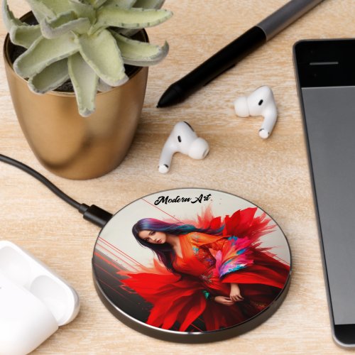 Girl Japanese kimono Asian colorful red blood art Wireless Charger