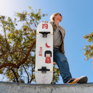 Girl Japanese Style with Monogram "Moon" and Name Skateboard