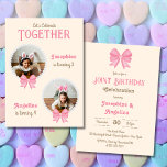 Girl Joint Birthday Cute Pink Bow Pearl Photo  Invitation<br><div class="desc">Cute twins girl birthday invitation features two pearl frames with pink bold and two photos of your choice. An ideal way to invite your guests to a joint birthday party!</div>
