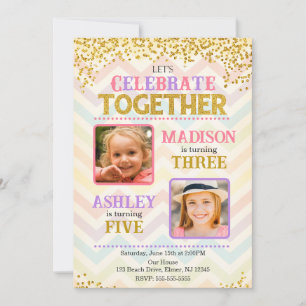 Girl Joint Siblings Birthday Party Photo Invitation