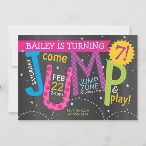 Girl Jump Birthday Party _ Brights on Chalkboard Invitation