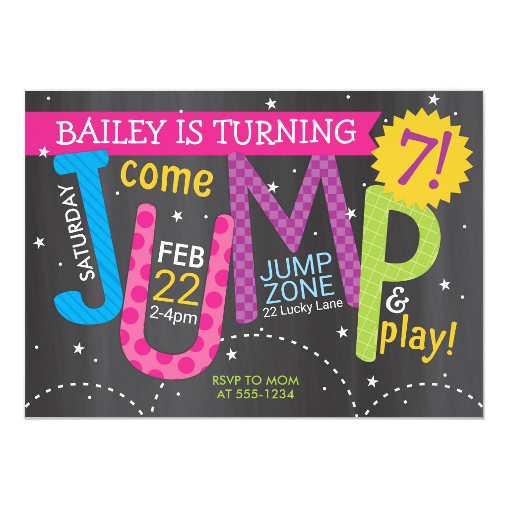 Girl Jump Birthday Party - Brights on Chalkboard Invitation