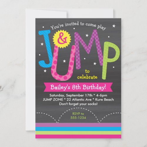 Girl Jump Birthday Party Chalkboard Pink Purple Invitation