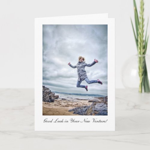 Girl Jumping For Joy Good Luck in New Venture Card