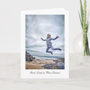 Girl Jumping For Joy, Good Luck in Your Exams Card