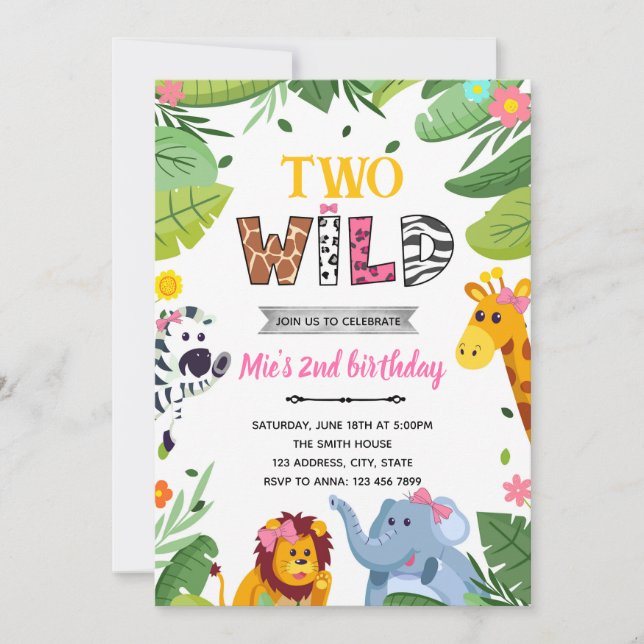 Girl jungle animals wild birthday invitation (Front)