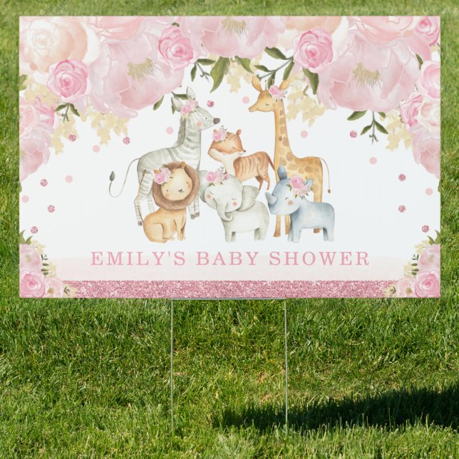 Girl Jungle Baby Shower Blush Pink Floral Welcome Sign (Insitu)