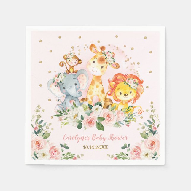 Girl Jungle Baby Shower Wild Animals Birthday Napkins (Front)