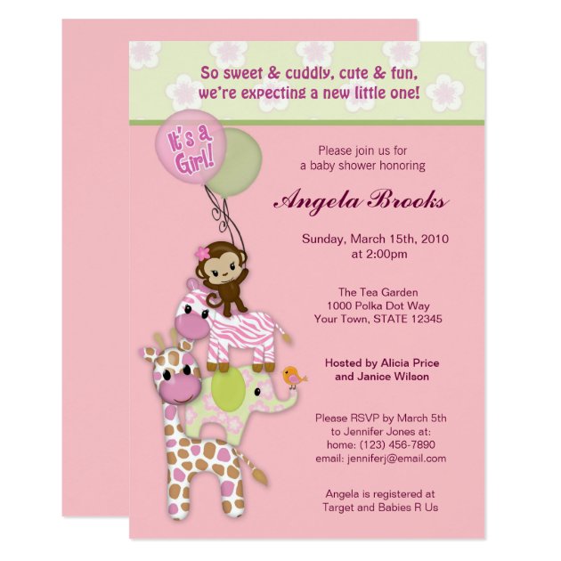 Girl Jungle Safari Animal Baby Shower Invitations