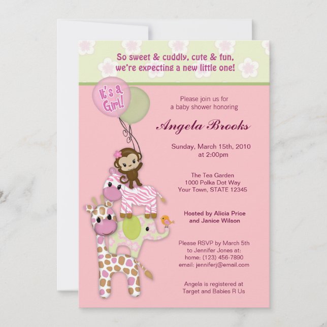 Girl Jungle Safari Animal Baby Shower Invitations (Front)