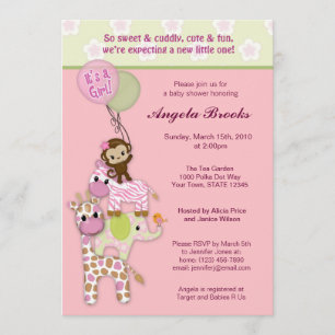 Girl Jungle Safari Animal Baby Shower Invitations