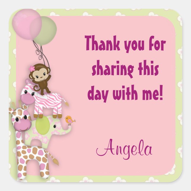 Girl Jungle Safari Animal square sticker pink JJ (Front)