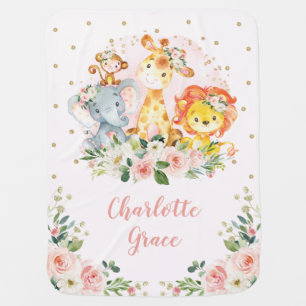 Girl Jungle Safari Animals Pink Floral Nursery Baby Blanket
