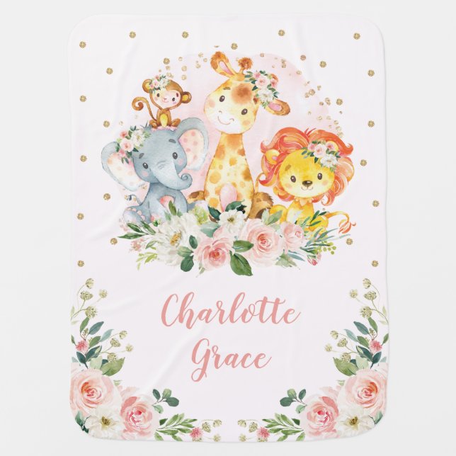 Girl Jungle Safari Animals Pink Floral Nursery Baby Blanket (Front)
