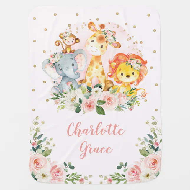 Girl Jungle Safari Animals Pink Floral Nursery Baby Blanket | Zazzle