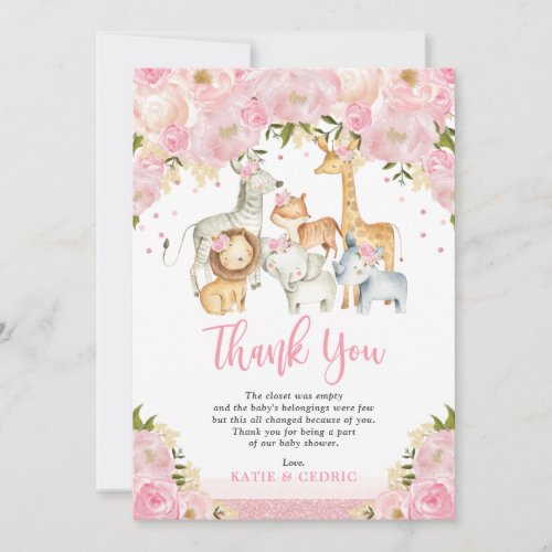 Girl Jungle Safari Animals Rose Gold Floral Baby Thank You Card