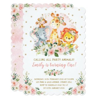 Girl Jungle Safari Animals Wild One 1st Birthday Invitation