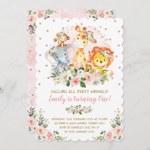 Girl Jungle Safari Animals Wild One 1st Birthday Invitation