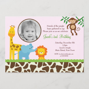 Girl Jungle Safari Photo Birthday Invitations