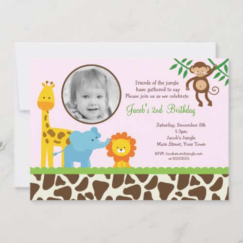 Girl Jungle Safari Photo Birthday Invitations