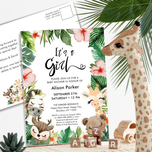 Girl Jungle Safari Tropical Greenery Baby Shower Invitation Postcard