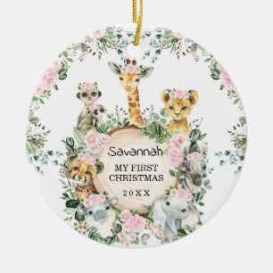 Girl Jungle Safari Wild Animals Baby 1st Christmas Ceramic Ornament