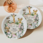Girl Jungle Safari Wild Animals Birthday Favor Paper Plates<br><div class="desc">Cute safari themed paper plate featuring adorable jungle animals,  pretty pink flowers and rustic botanical greenery. Customize the wording to suit your occasion,  e.g. birthday,  baby shower,  baby sprinkle,  baptism,  christening,  holy communion</div>