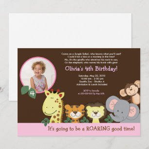 Girl Jungle Zoo Party Animal Photo Birthday Invitation