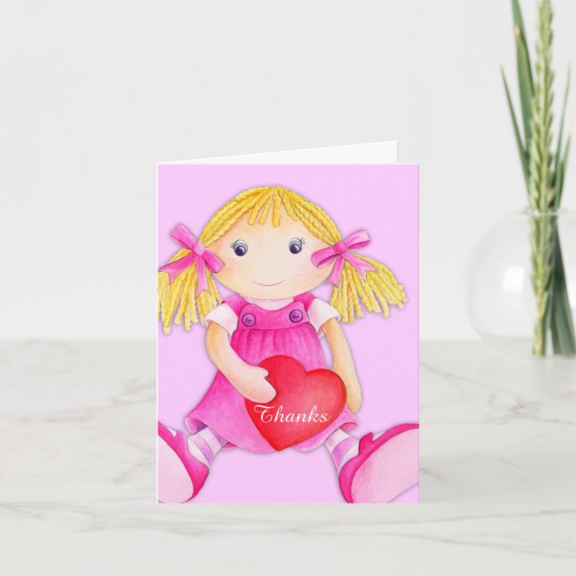 Girl Kids rag doll birthday party thank you card (Front)