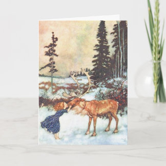 "Girl kissing a reindeer" Vintage Christmas card