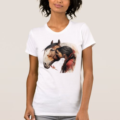 Girl Kissing Horse Indian Native T_Shirt