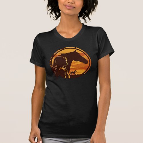 Girl Kissing Horse Retro Sunset T_Shirt
