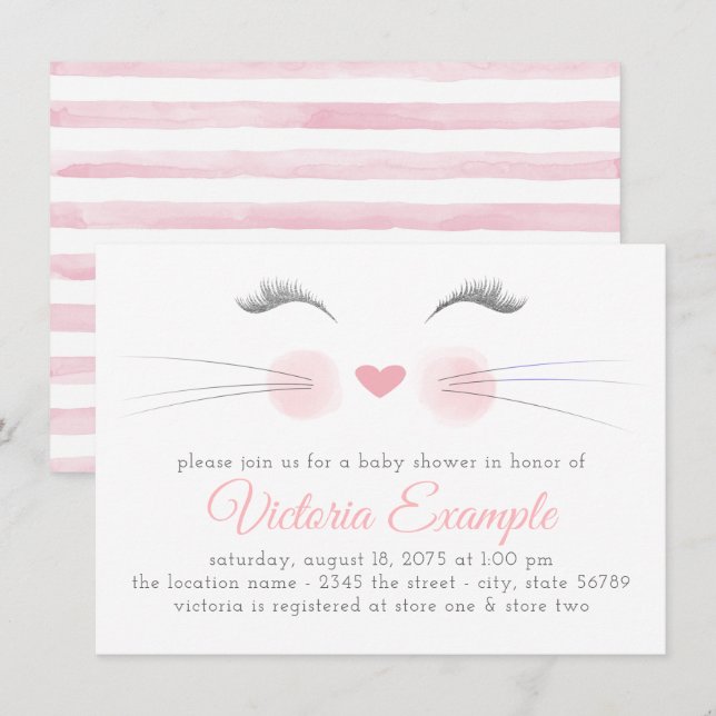 Girl Kitten Face Watercolor Baby Shower Invitation (Front/Back)