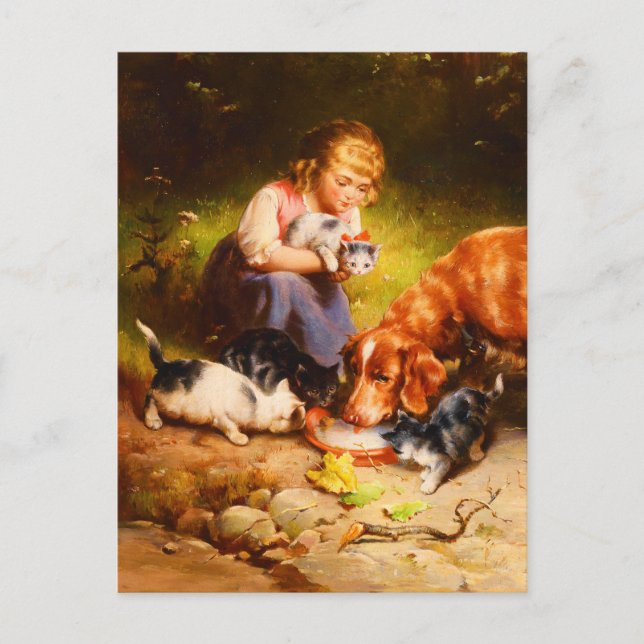 Girl Kittens and Retriever Dog Drinking Milk Holiday Postcard (Front)