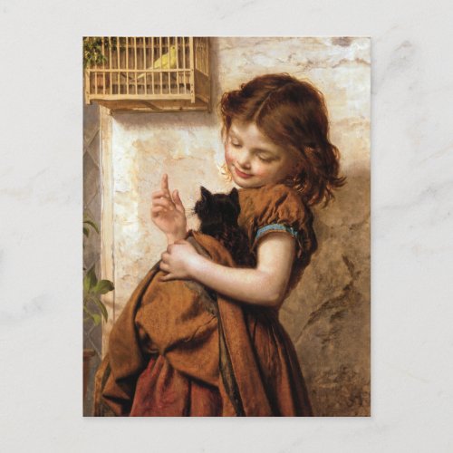 Girl Kitty Cat  Bird _ Vintage Painting Postcard
