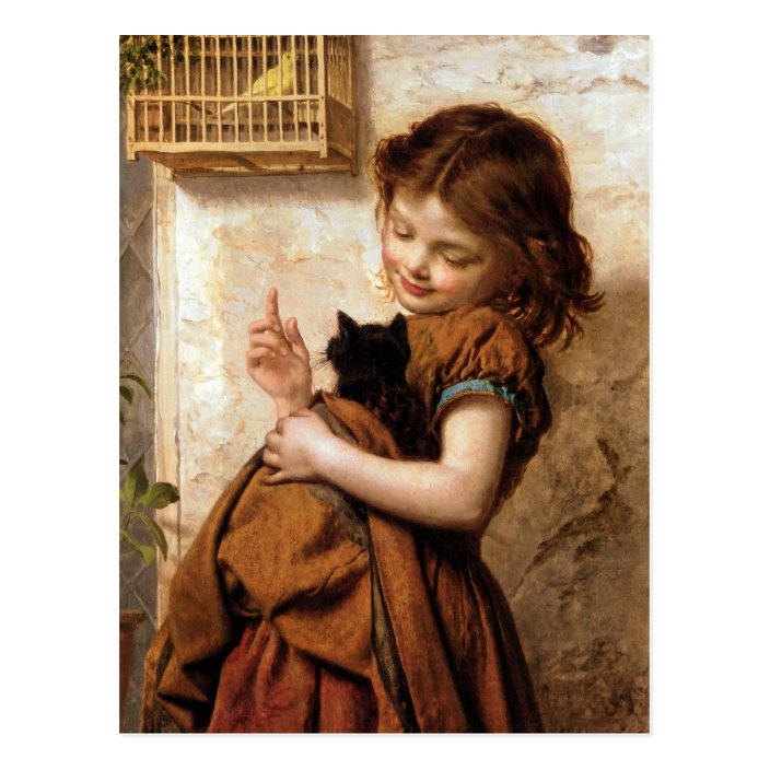Girl Kitty Cat Bird Vintage Painting Postcard Zazzle Com