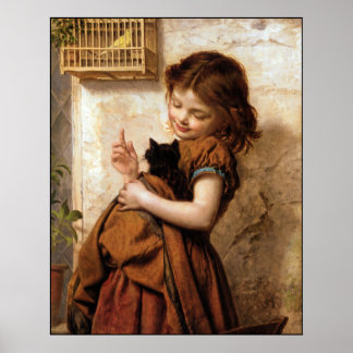 Girl, Kitty Cat & Bird Vintage Poster Print