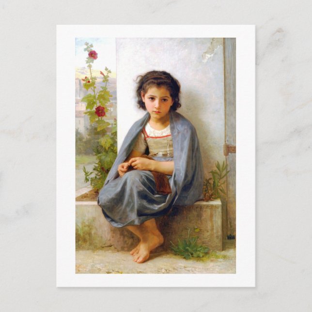 Girl Knitting, Bouguereau Postcard (Front)