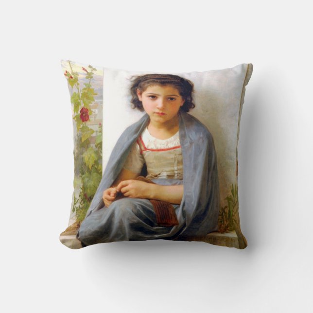 Girl Knitting, Bouguereau Throw Pillow (Front)