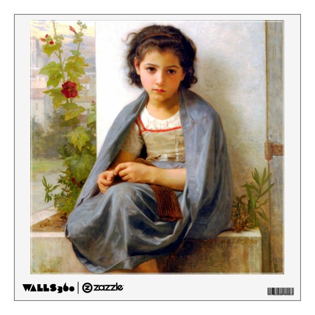 Girl Knitting, Bouguereau Wall Decal (Front)