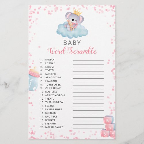 Girl Koala Bear Baby Word Scramble Shower Game