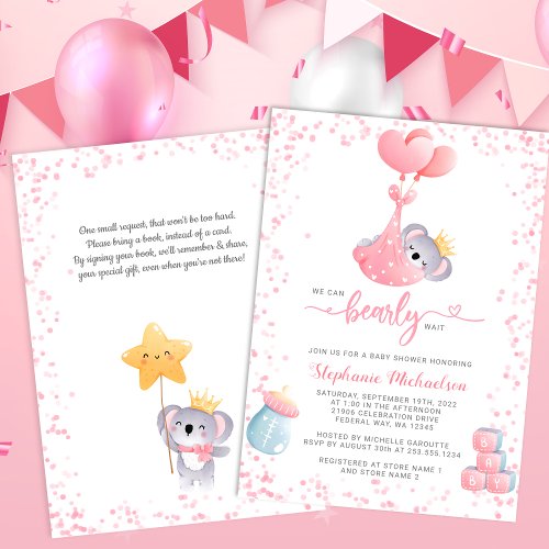 Girl Koala Bear with Book Request Baby Shower Invitation