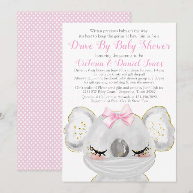 Girl Koala with Mask Drive By Baby Shower Invitation (Front/Back)