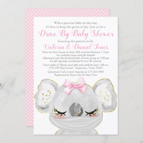 Girl Koala with Mask Drive By Baby Shower Invitation