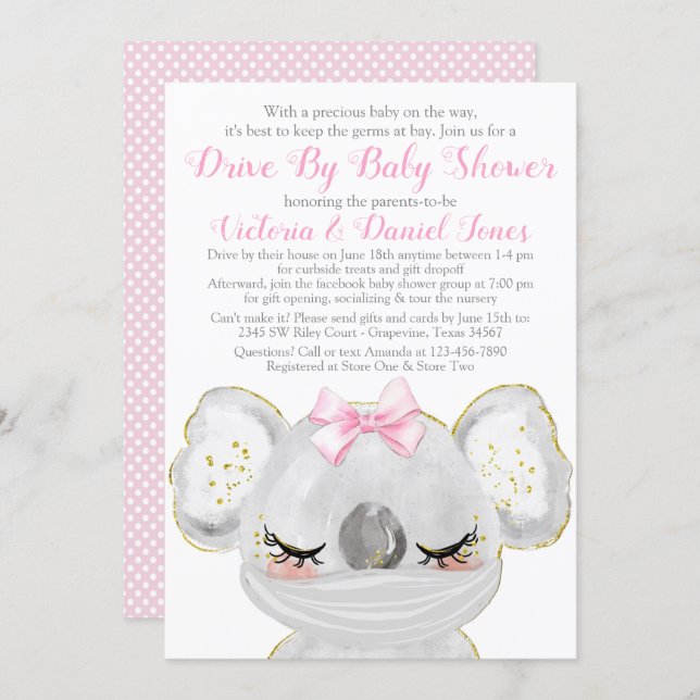 Girl Koala with Mask Drive By Baby Shower Invitation (Front/Back)