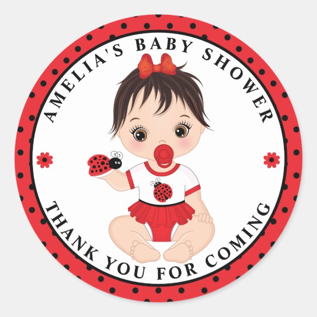 Girl Ladybug Baby Shower Classic Round Sticker (Front)